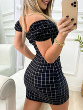Load image into Gallery viewer, Off Shoulder Plaid Bodycon Dress