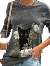 Load image into Gallery viewer, Cute Cat Print Long Sleeve Round Neck Pullover Womens Cotton Top (Options Available)