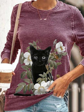 Load image into Gallery viewer, Cute Cat Print Long Sleeve Round Neck Pullover Womens Cotton Top (Options Available)