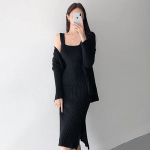 2 Piece Outfit Knitted Long Sleeve Cardigan + Sexy Split Sling Dress Suit