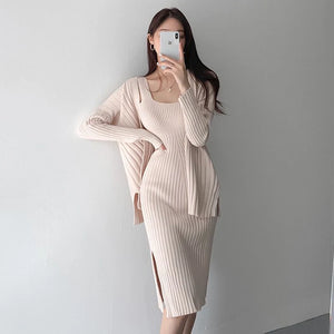 2 Piece Outfit Knitted Long Sleeve Cardigan + Sexy Split Sling Dress Suit