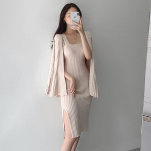 2 Piece Outfit Knitted Long Sleeve Cardigan + Sexy Split Sling Dress Suit