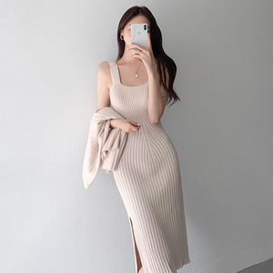 2 Piece Outfit Knitted Long Sleeve Cardigan + Sexy Split Sling Dress Suit