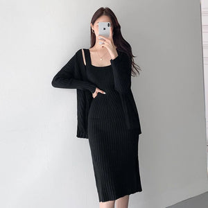 2 Piece Outfit Knitted Long Sleeve Cardigan + Sexy Split Sling Dress Suit