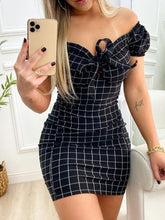 Load image into Gallery viewer, Off Shoulder Plaid Bodycon Dress