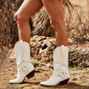 BONJOMARISA Croc Print White Cowboy Mid Calf Boots Autumn Slip On Metal Chain Roman Style Casual Ridding Boots Shoes