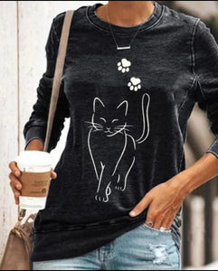 Cute Cat Print Long Sleeve Round Neck Pullover Womens Cotton Top (Options Available)